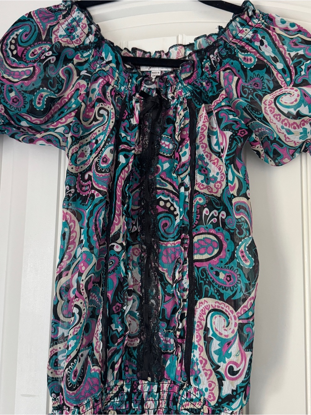 Grane Paisley Off-Shoulder Blouse in Teal, Pink & Black